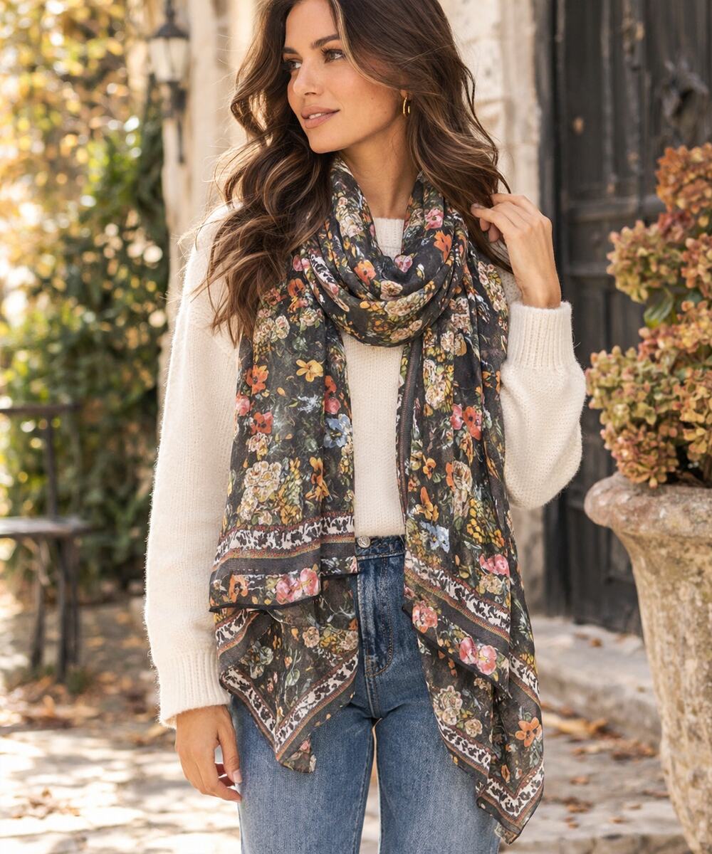 Womens Grey Scarf Floral Print Wrap Shawl Boho Soft Cottage Lightweight